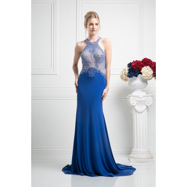 Fitted Halter Gown With Train by Cinderella Divine -KD012