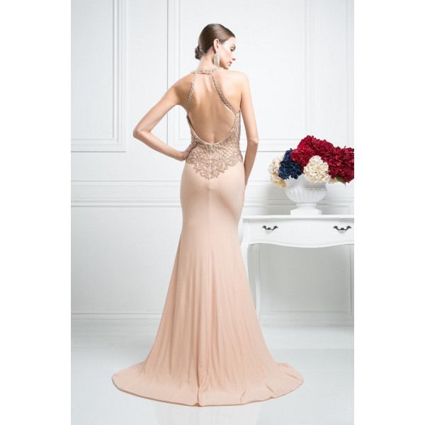 Fitted Halter Gown With Train by Cinderella Divine -KD012