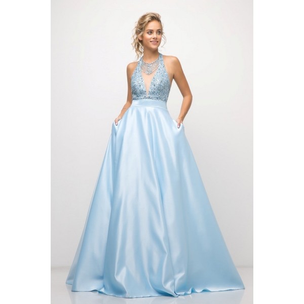 Ball Gown With Beaded Halter Top And Satin Skirt by Cinderella Divine -UM073
