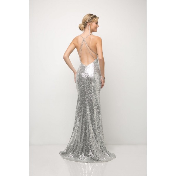 Fitted Sequin Gown With V-Neckline And Criss Cross Back by Cinderella Divine -JS0406