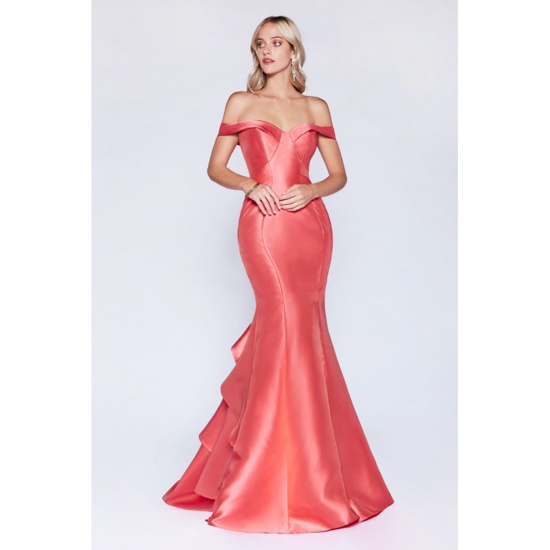 Off The Shoulder Mermaid Gown With Mikado Structured Fabric And Layered Mermaid Train by Cinderella Divine -CR784