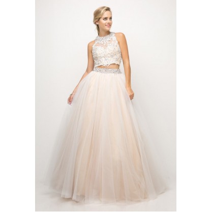 Two Piece Ball Gown With Lace Beaded Top And Criss Cross Back by Cinderella Divine -UM078