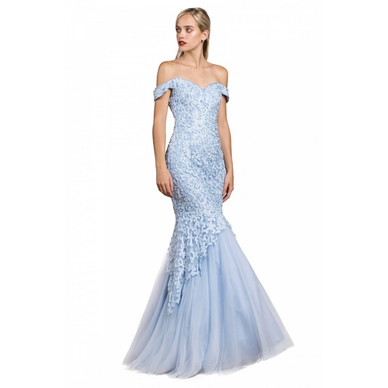 Off The Shoulder Mermaid Gown With Lace Overlay And Tulle Skirt by Cinderella Divine -A0401