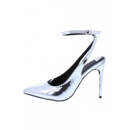 Nora108 Silver Patent Pointed Toe Slingback Ankle Strap Heel