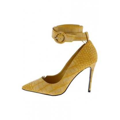Armor Mustard Faux Croc Pointed Toe Ankle Strap Stiletto Heel