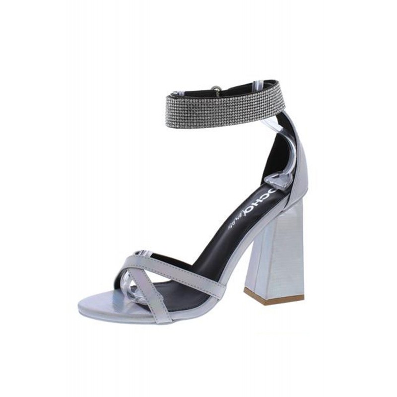Cancun02 Silver Pu Open Toe Sparkle Ankle Strap Angled Heel