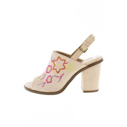 Santo Beige Multi Colored Embroidered Sling Back Mule Chunky Heel