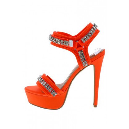 Genius Neon Orange Rhinestone Open Toe Cut Ankle Strap Heel