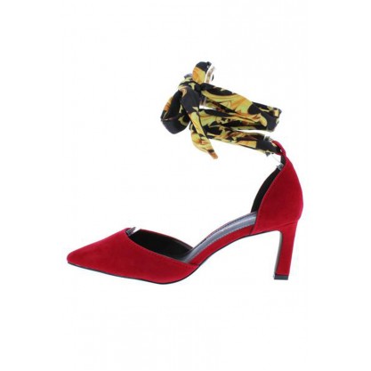 Scarlett Red Pointed Toe Fabric Ankle Wrap D'orsay Heel