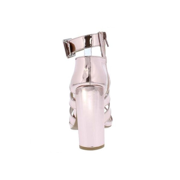 Lyra25 Rose Pink Patent Open Toe Multi Strap Block Heel