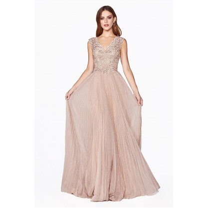 Long Formal Metallic Pleated Skirt Evening Prom Dress