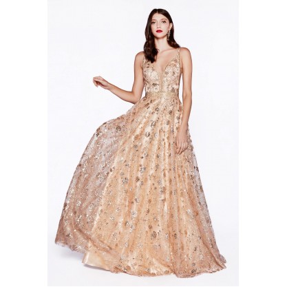 Long Floral Glitter Print Evening Prom Dress Formal
