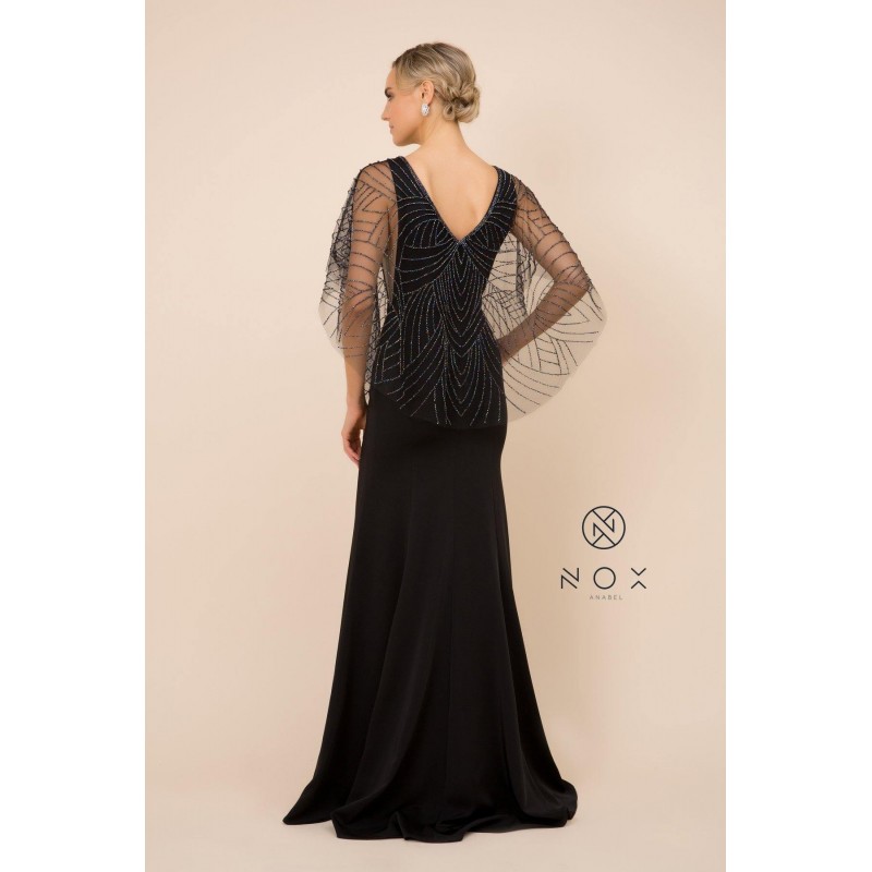 Long Fitted V-Neck Formal Dress with Beaded Cape Prom
