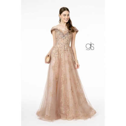 Glitter Mesh A-Line Long Prom Dress