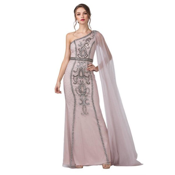 Long Prom Formal One Shoulder Cape Dress