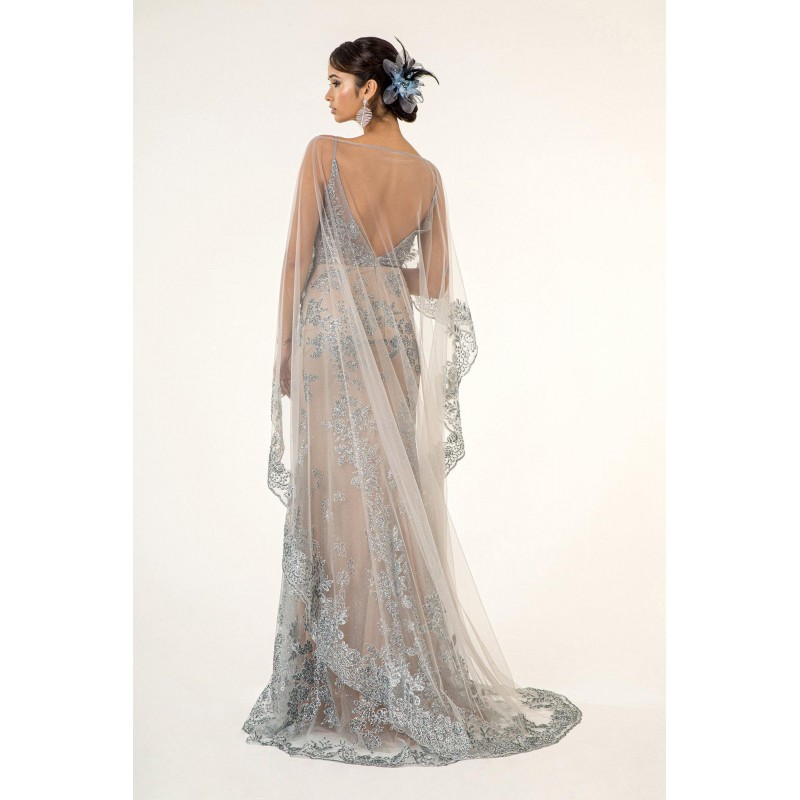 Prom Long Formal  Glitter Cape Dress
