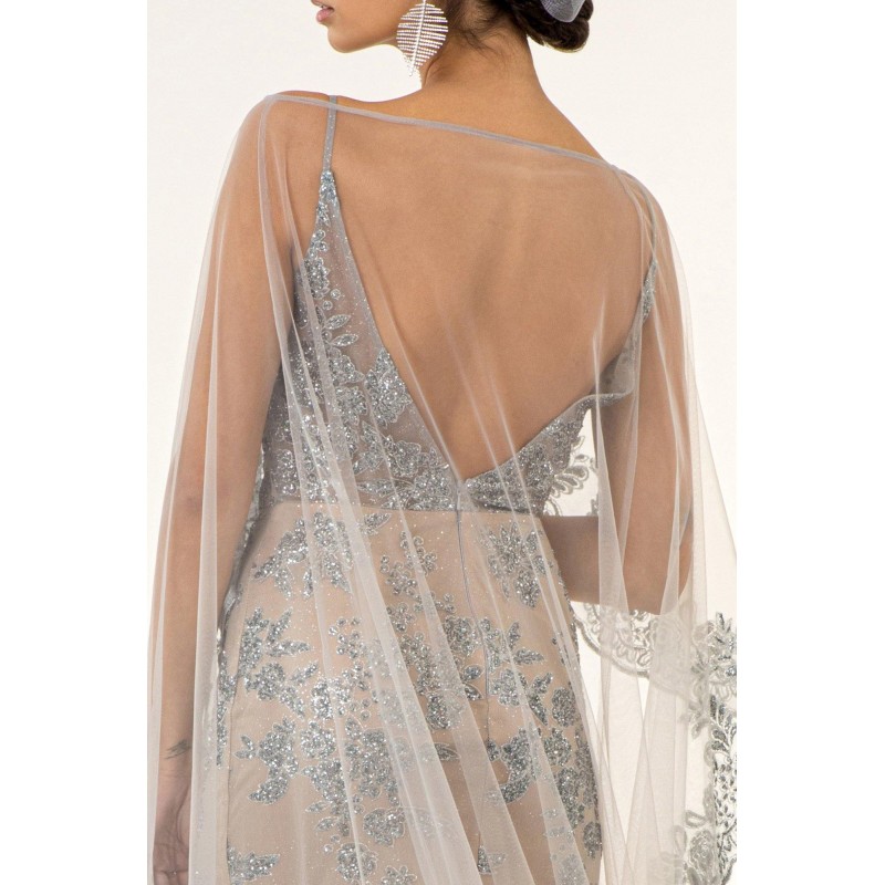 Prom Long Formal  Glitter Cape Dress