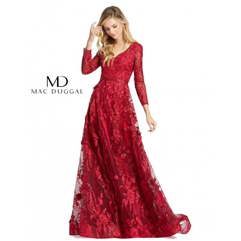 Mac Duggal Long Sleeve A Line Floral Evening Dress
