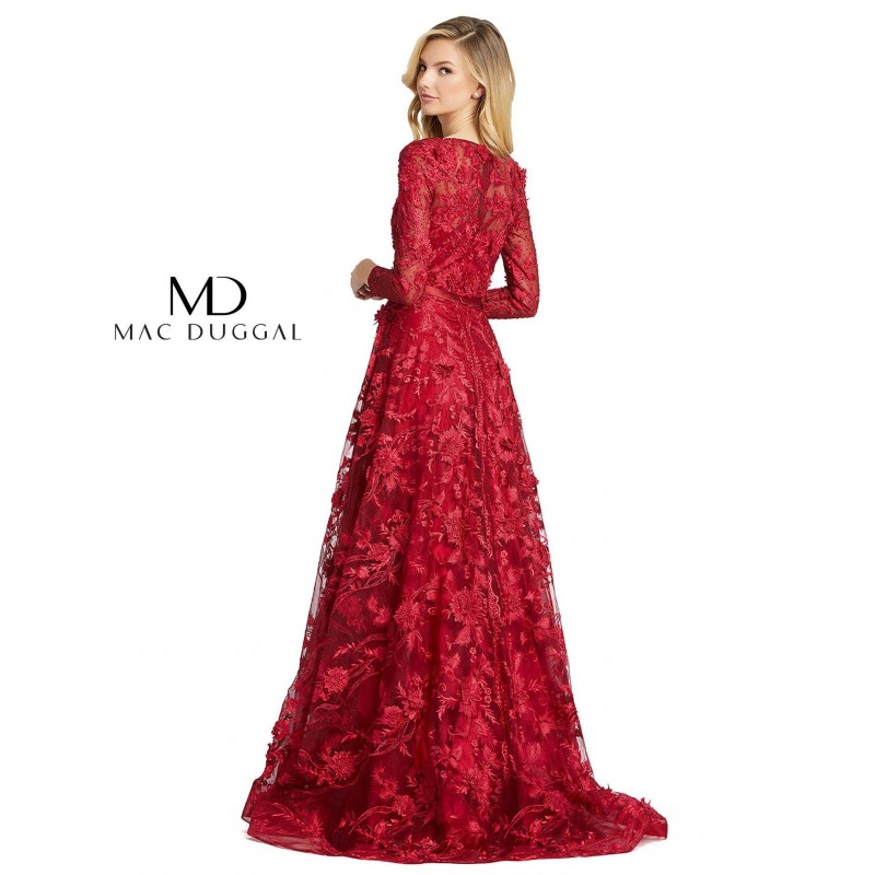 Mac Duggal Long Sleeve A Line Floral Evening Dress