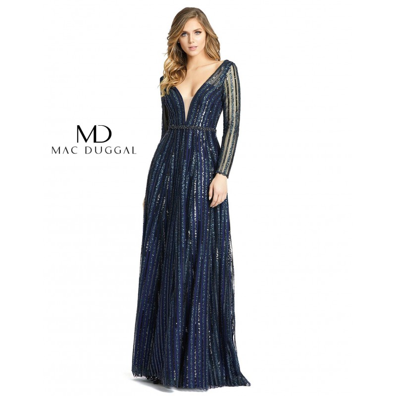 Mac Duggal Long Sleeve Striped Sequins Dress 11184 Sale