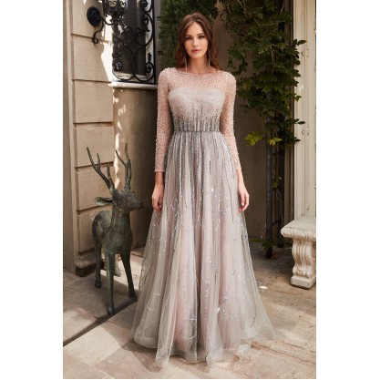 Beaded Long Sleeve Flowy Prom Dress
