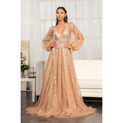 Long Sleeve Formal Glitter Evening Prom Dress