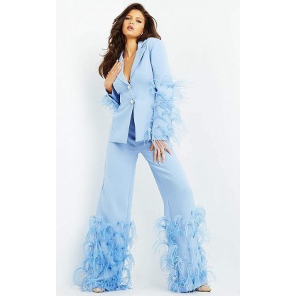 Jovani Perriwinkle Feather Embellished Evening Pant Suit Sale 07218