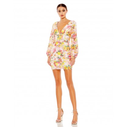 Mac Duggal Long Sleeve Floral Short Dress 55798